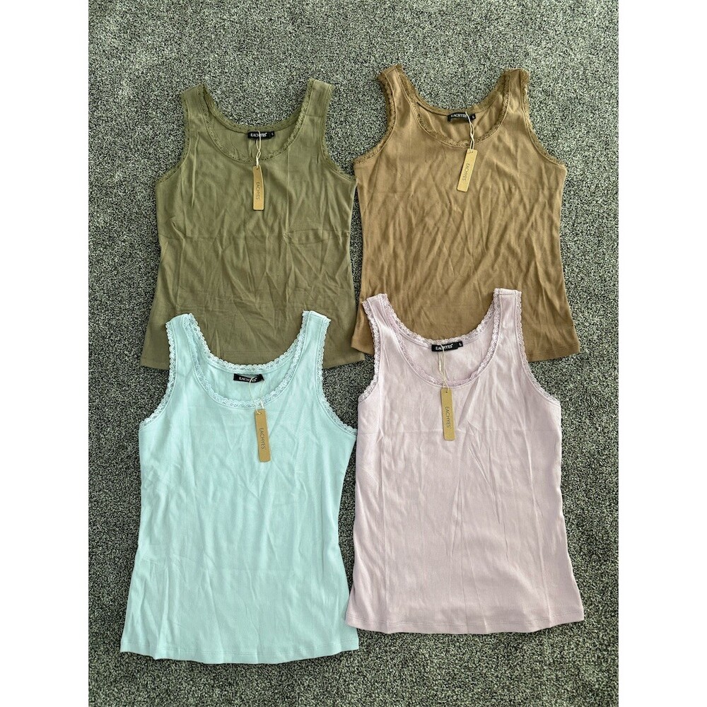 EACHYES Tank Top Ribbed Lace Trim Scoop Neck Cami